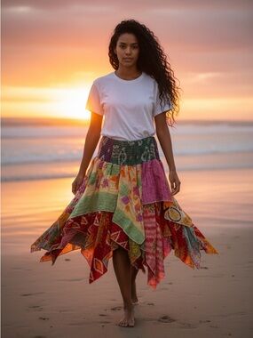 PIXIE Kantha layered SKIRT ITEM 8. BOHO up to 24”waist 32” long handmade